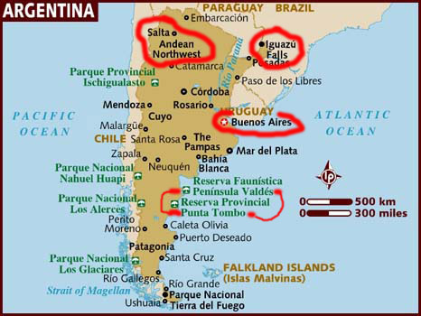 Map of Argentina showing (in red)  the four areas we visited.