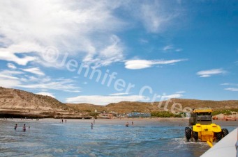 A yellow tractor hauls our boat to the beach after the tour