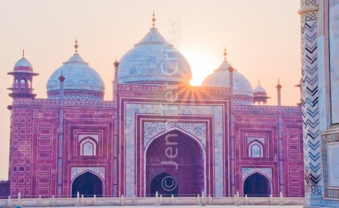 Sunrise at one of the Taj Mahal's outer buildings