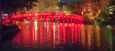 night view: bridge leading to the temple island in Hoan Kiem lake