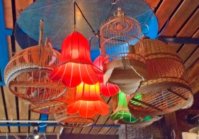 ceiling lamps and cages inside Sapa restaurant